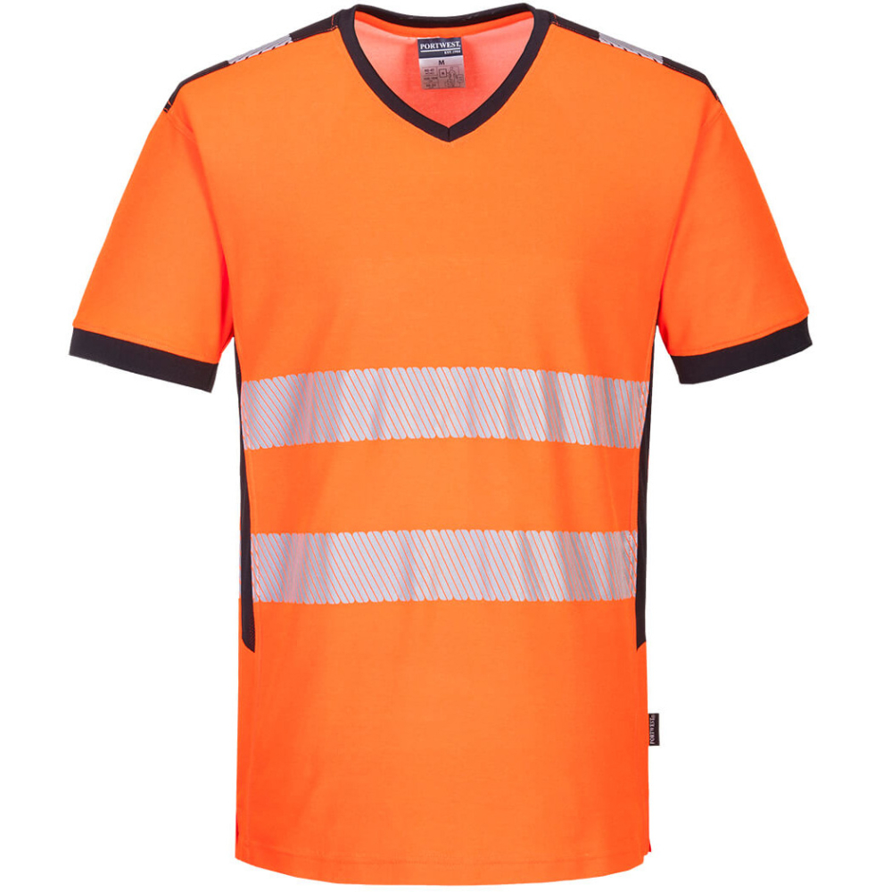 detail PORTWEST PW310 triko reflexní Hi-Vis oranžové s výstřihem do V