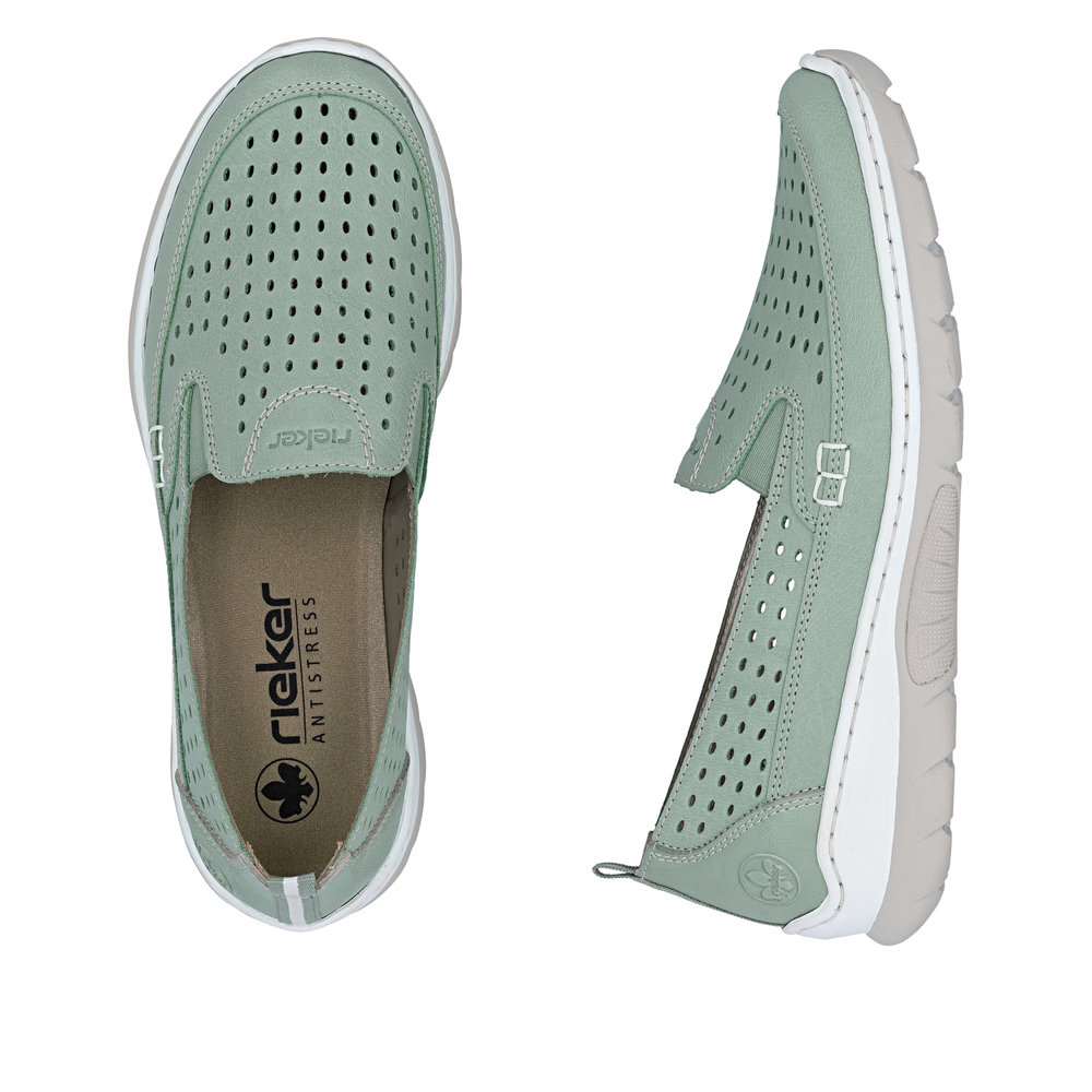 detail RIEKER L32F4-52 zelené dámské kožené letní mokasíny, antistress podrážka
