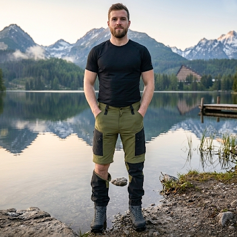 detail Asoto Vild Zip-Off pánské olivové outdoor kalhoty DWR odepínací nohavice 2v1
