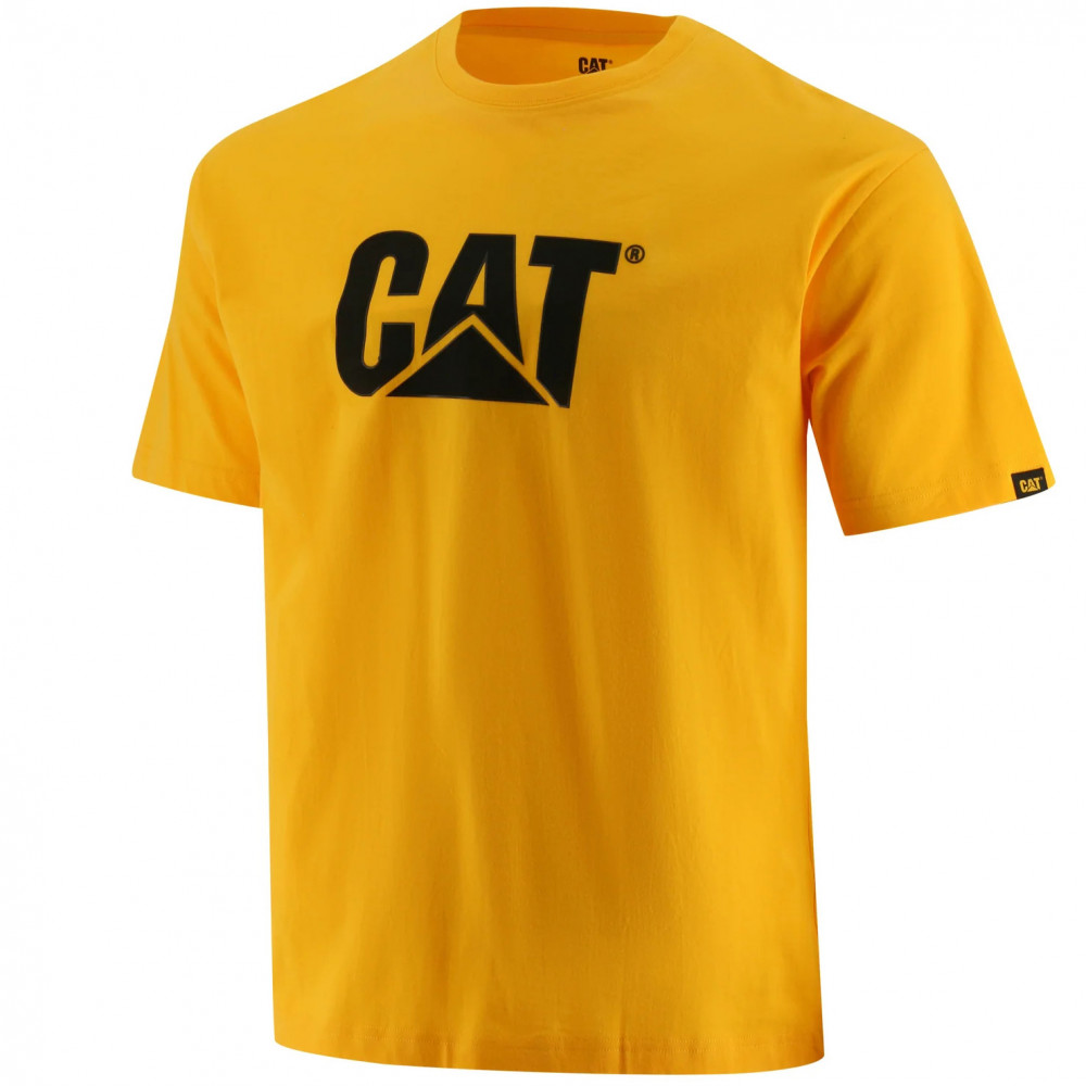 detail CATERPILLAR Trademark Logo žluté pánské triko 100% Ba